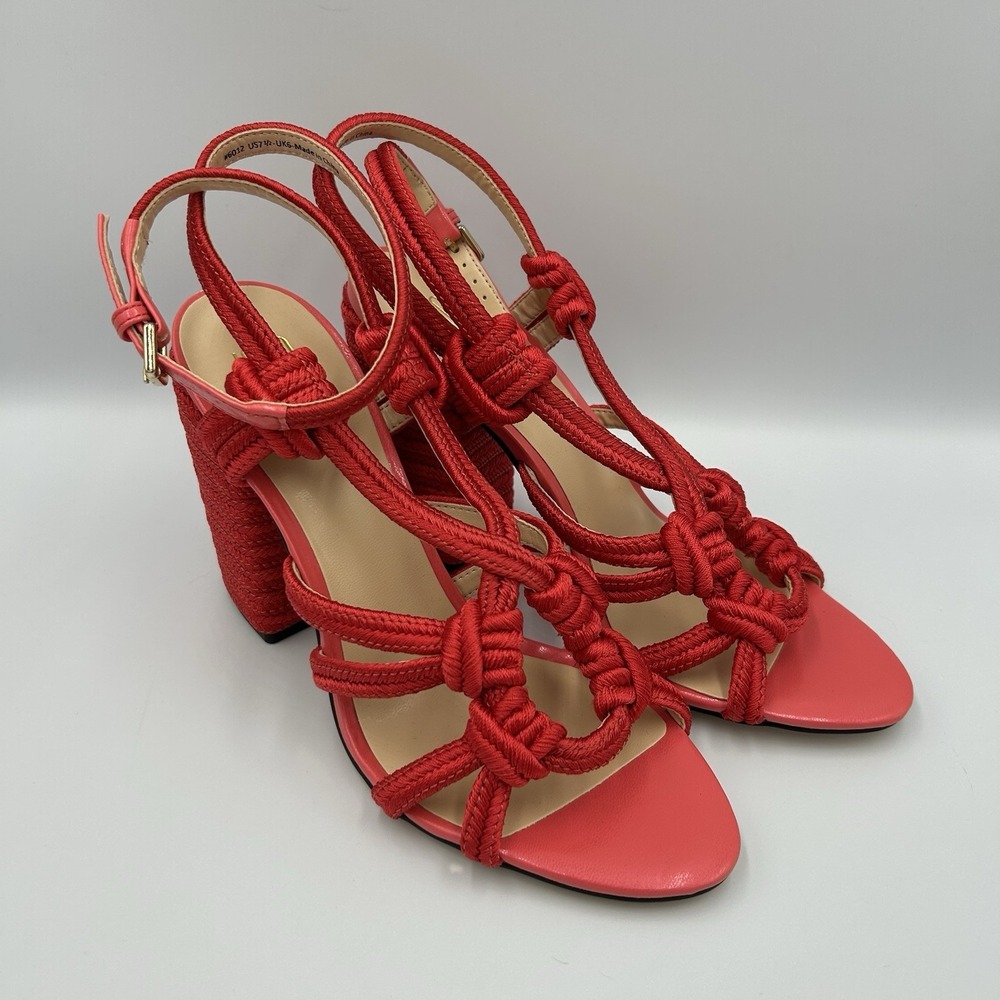 CAbi Tiptoe Heel Sandals 9M Red Open Toe Rope Trim 4" Block Heel Ankle Strap